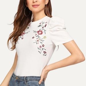 Embroidered Floral Puff Sleeve Mock Tee